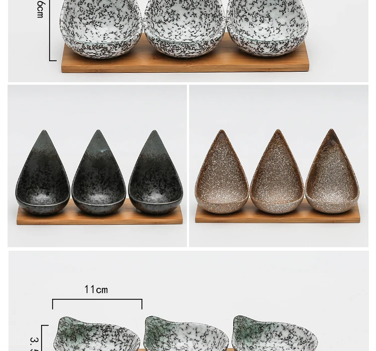 Креативное керамическое маленькое блюдо с бамбуковым поддоном, японский стиль, сухофрукты, закуски, закуски, блюдо, набор из 3 предметов, соус, соус, блюдо