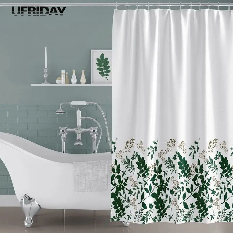 

UFRIDAY Modern Polyester Fabric Shower Curtain with Hook Leaves Printed Waterproof Bathroom Curtain Home Bath Curtain Decoration