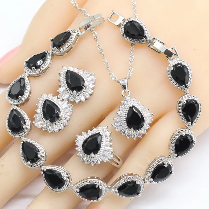 

Black Cubic Zirconia Women Jewelry Sets Silver Necklace Pendant Earrings Rings Extended Bracelets Christmas Gift