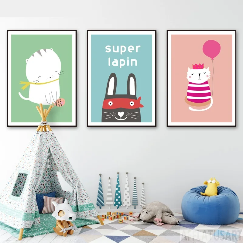 Kawaii Кот Кролик Воздушный шар настенные художественные плакаты и принты картина с рисунком животных настенные картины Детская комната