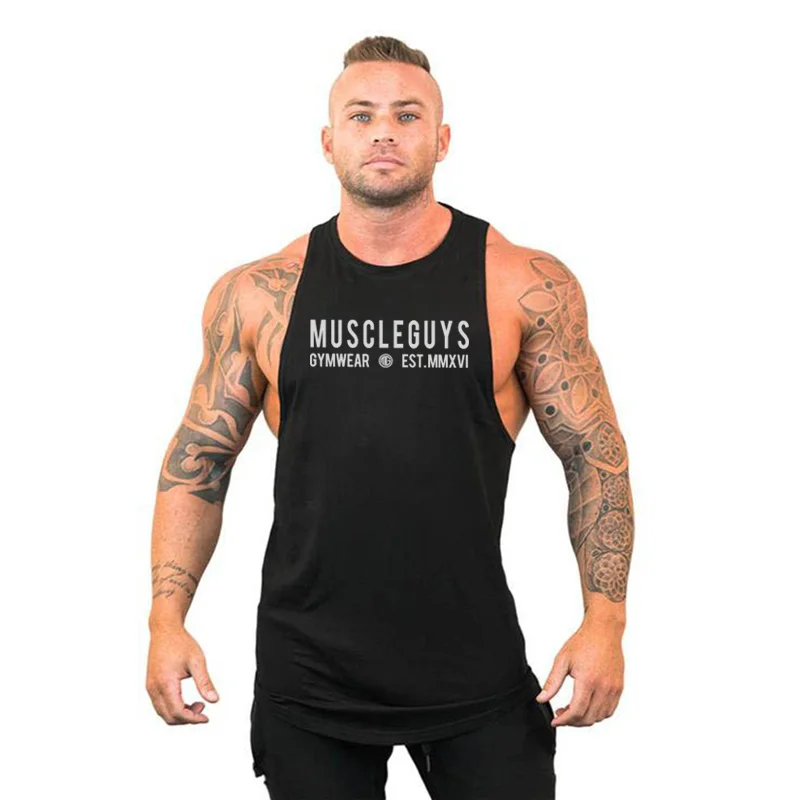 Muscleguys Бодибилдинг стрингерс без рукавов толстовка тренажерные залы безрукавки для мужчин майки рубашка хлопок Фитнес Спортивная одежда - Цвет: black 6664