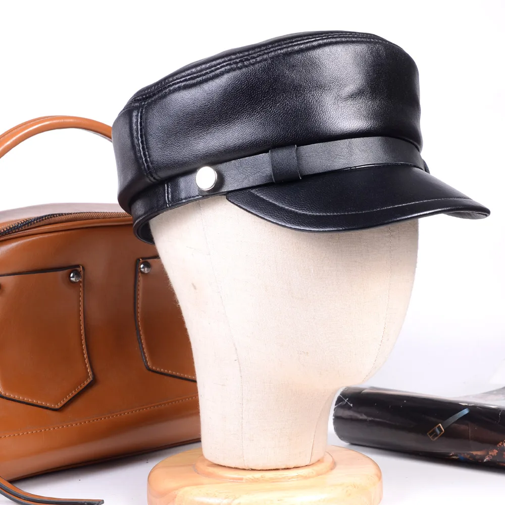 

Women's Men's Genuine leather Black Unisex Leisure cap Military Newsboy Army Flat Hats/Caps