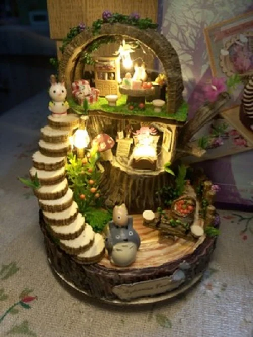 Forest Wooden Totoro DIY Doll House Home Decoration Handmade Cartoon Kit Miniature Home Assembling Toys Dollhouse Gift Toy