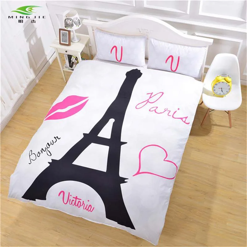 

Kiss heart Black Paris Eiffel Tower Bedding Set Super Soft Duvet Cover with Pillowcases White Background Romantic Quilt Cover