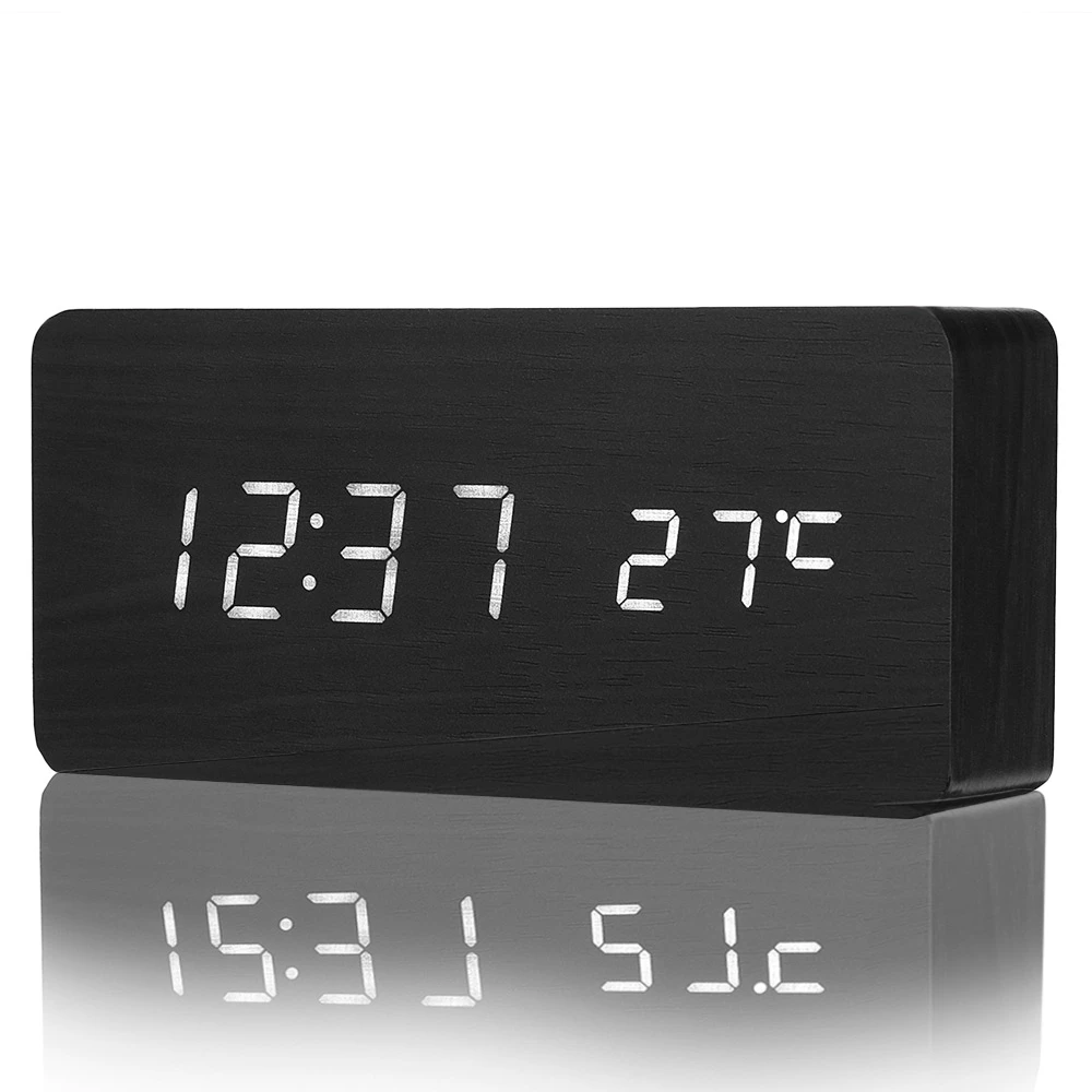 

Top Sale Digital LED wooden Alarm Clock Sound Control Despertador Desktop Clock USB/AAA Powered Temperature Calendar Table Clock