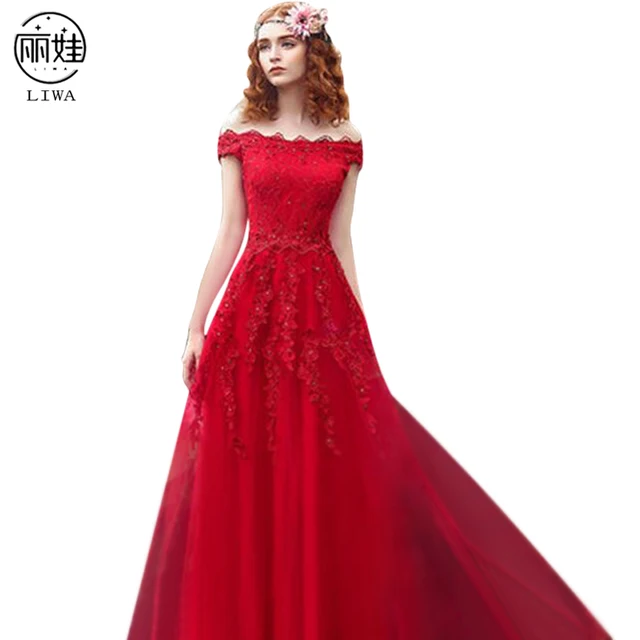 barco cuello rojo bordado delgado vestidos de novia simple posterior