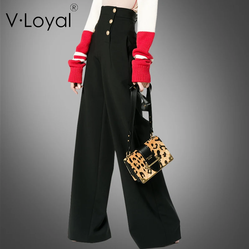 Double breasted black straight legged trousers and casual waist air pumping with wide leg pants