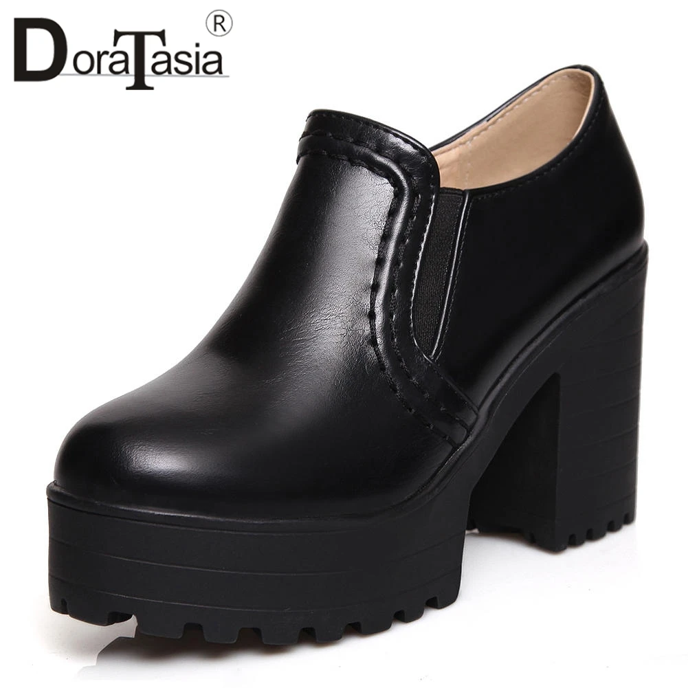 

DoraTasia New Square High Heels Solid Elastic Band Platform Shoes For Women Casual Autumn Pumps Large Size 34-46