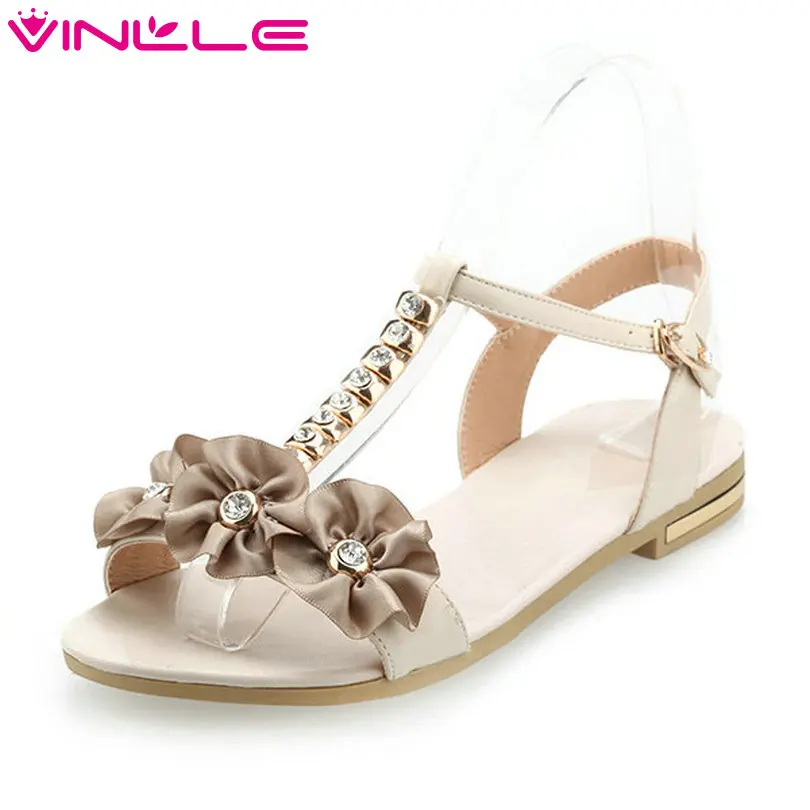 

VINLLE 2018 Women Sandals Shoes Woman Pointed Toe PU Leather T-strap Square Low Heel Slingback Ladies Wedding Shoes Size 34-43