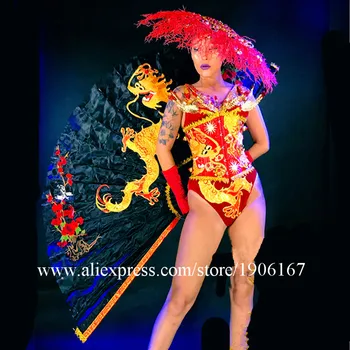 

Newest Chinese Style Masquerade Party Event Bikini Dance Suit Clothes Stage Performance DS DJ Costume China Dragon Fan Props
