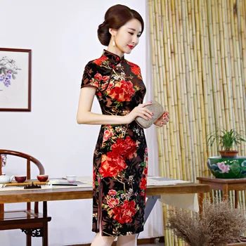 

Sheng Coco Woman Velour Qipao Red Sexy Short Cheongsam Chinese Traditional Dress Short Pleuche Cheongsam Party Dress