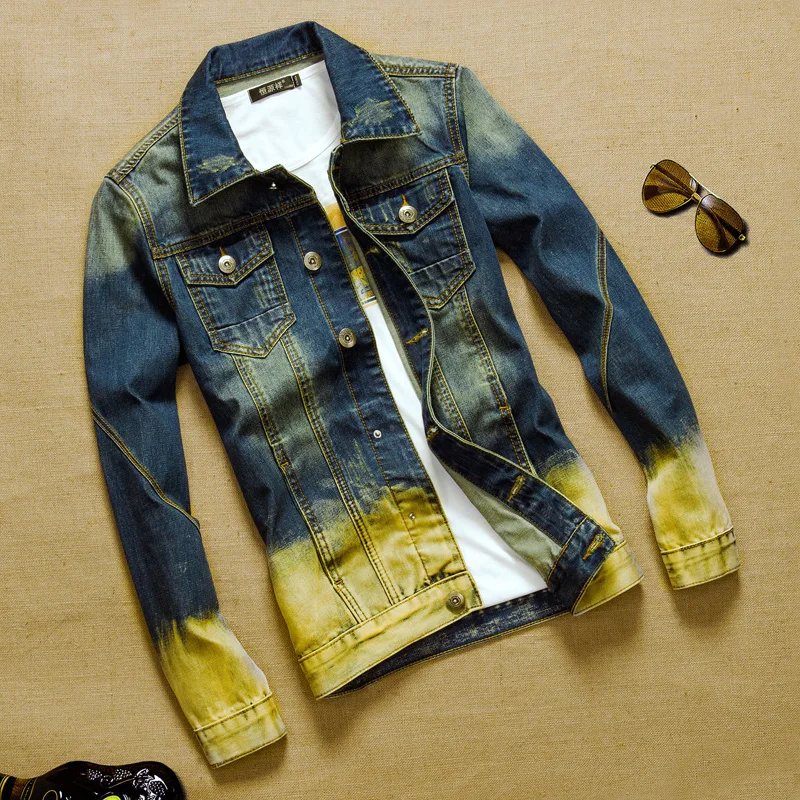 Fashion Men's Patchwork Denim Jackets Slim Personality Pocket Man Jean