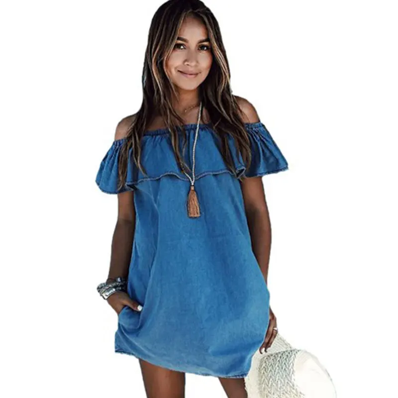 

Fashion Off Shoulder Ruffled Cute Denim Dress Women New Arrival Beach Wear Women Dresses Plus Size Mini Casual Summer Dress