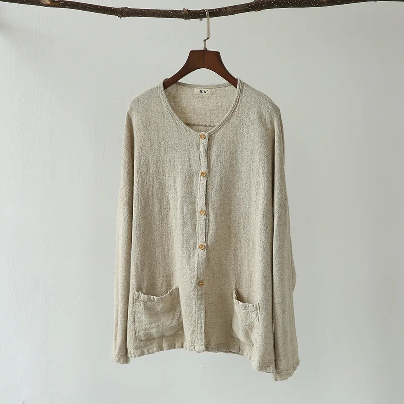 

Johnature Women Spring Coats Jackets Casual Vintage Linen Women Clothes 2019 New Long Sleeve Button Pockets O-Neck Brief Loose