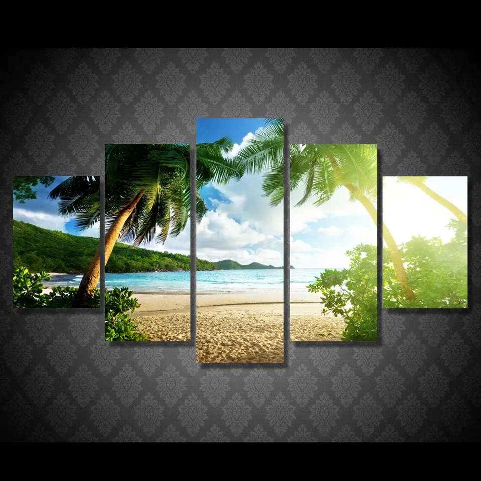 Печать на холсте картины настенные художественные плакаты 5 шт. пляж Пальма Группа Морской пейзаж картины для гостиной домашний декор рамки
