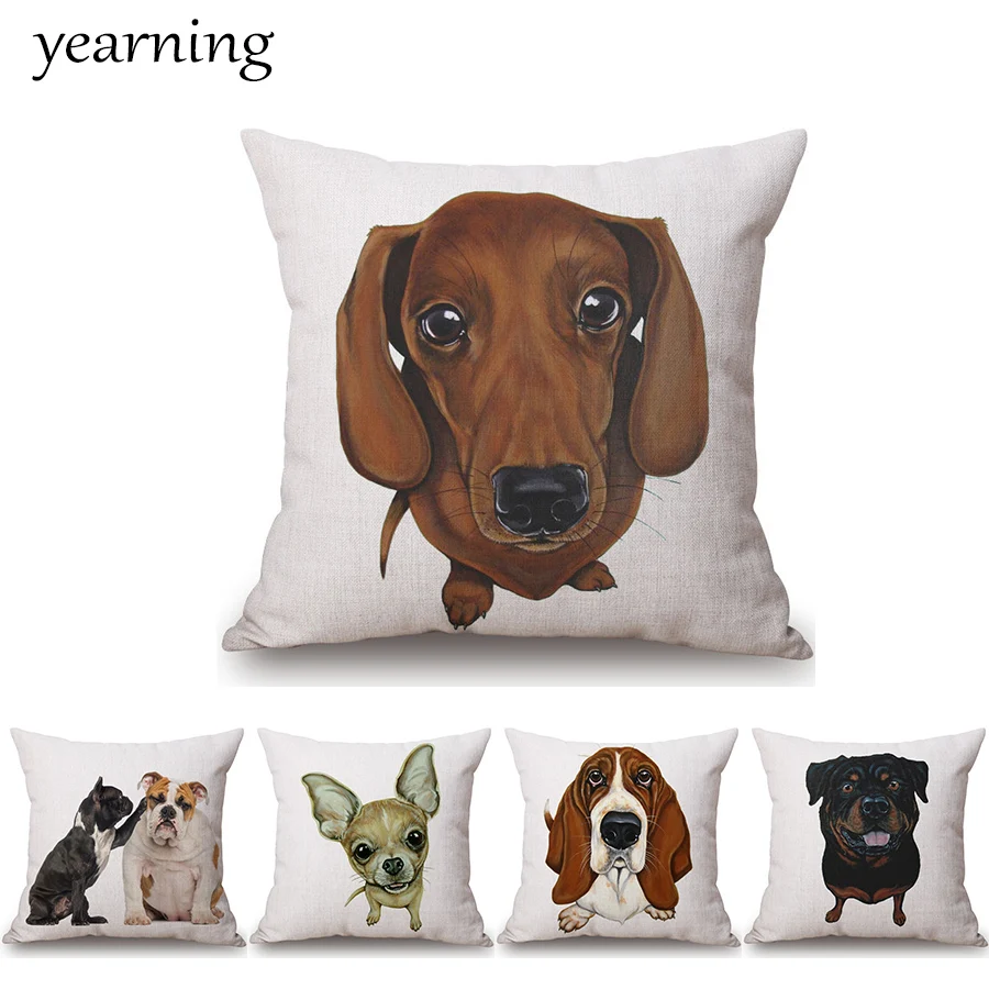 

Basset Hound Bulldog Pug Siberian Huskiy Dog Animal Pattern Print Cushion Cover Linen Cotton Home Decoration Throw Pillow Cover
