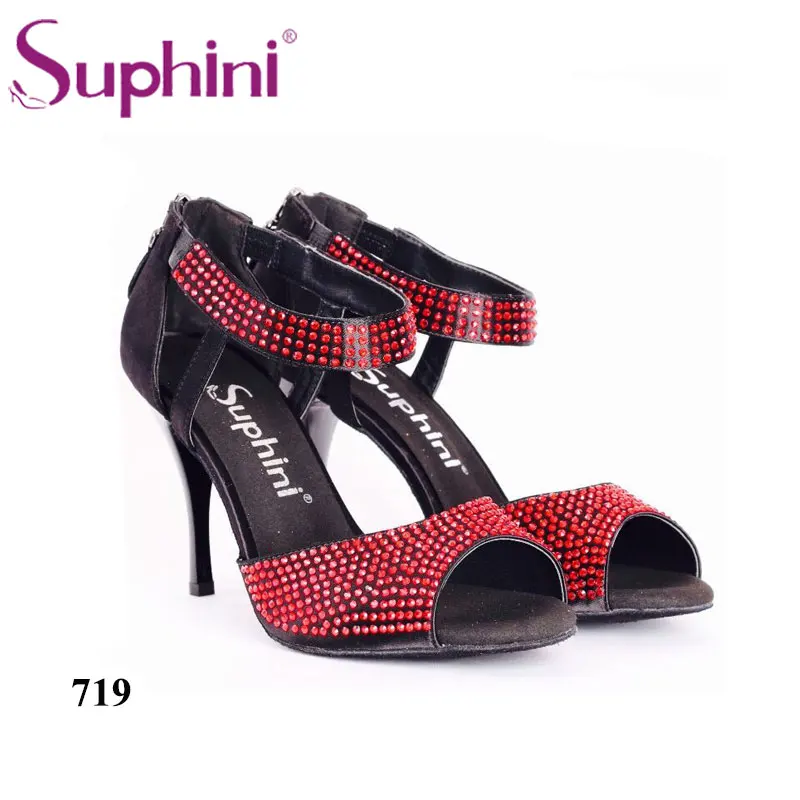 Красная женская обувь для выпускного вечера с кристаллами; обувь для вечеринок с ремешком на щиколотке для сальсы, латинских танцев, танцев, танго; обувь на каблуке Suphini Tango