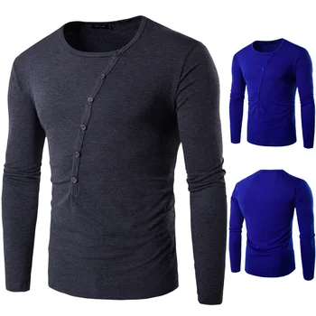 

Autumn men's New style cotton O neck Solid Slash line buttons Slim T-shirt long-sleeve men's casual tops clothing T88