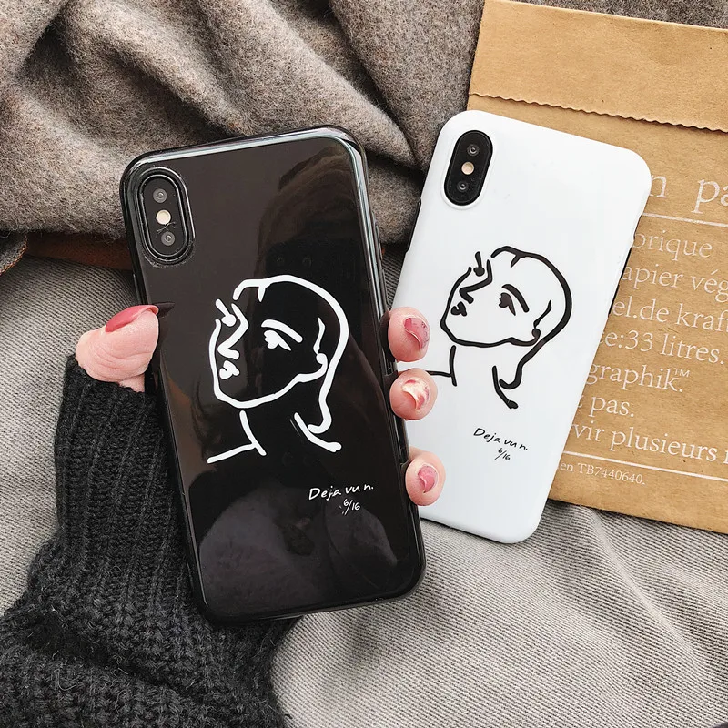 Sketch Face Simple Avatar Glossy Cases for iPhone X Black and White Plain Soft TPU Case For 7 6 Plus 8 New |
