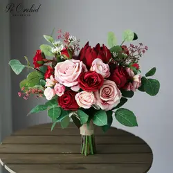 PEORCHID Розовые невесты букет свадебных цветов для подружки невесты Свадебный букет бордовый искусственная Роза императора Шелковый цветок
