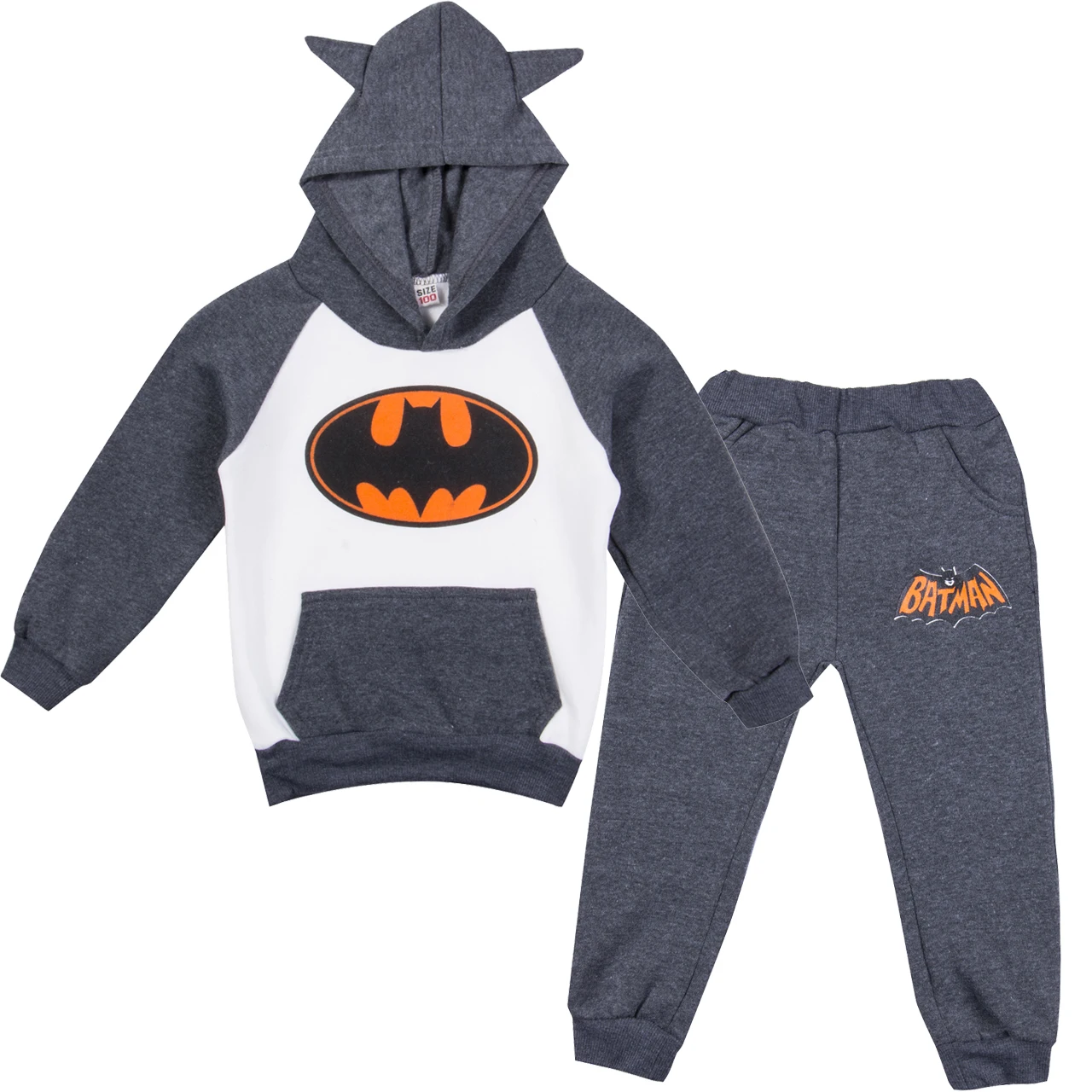 2016 осенняя-зимняя теплая толстовка для маленьких мальчиков девочек Бэтмен 2 вещи в комплекте свитшот штаны наряды костюм для 2-7 лет