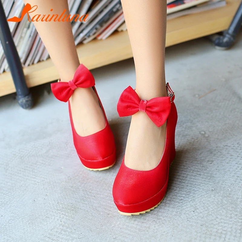 

KARINLUNA New Plus Size 28-52 Ankle Strap Bowtie Ladies Wedges Pumps Platform Shoes Woman 2019 Casual Office Spring Autumn Pumps