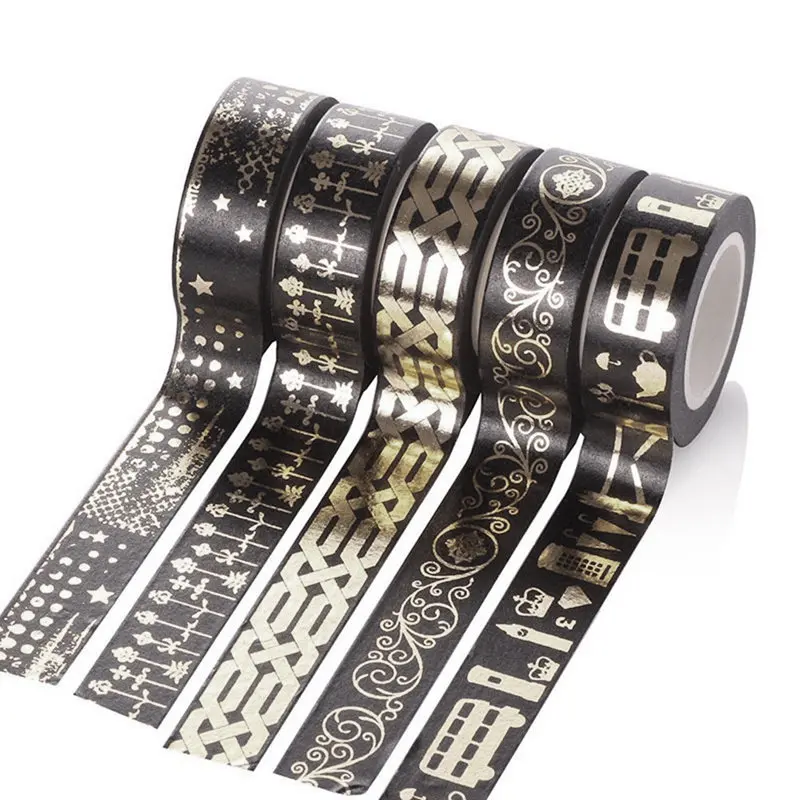 

HOT-5 Rolls 15mm x 10m DIY Adhesive Washi Gold Stamping Style for Scrapbooking Tapes, black