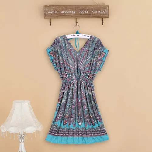 Новые женские летние платья, свободные туники с этническим принтом и коротким рукавом, туника, повседневное платье в богемном стиле синего цвета - Цвет: 19