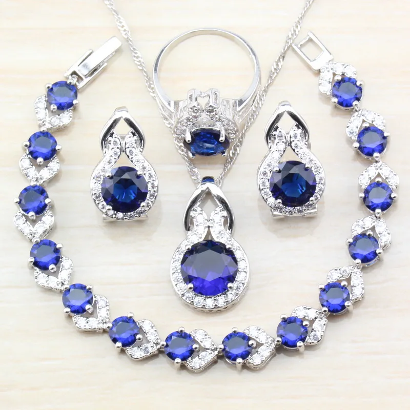 

4PCS Women Trendy Jewelry Sets 925 Sterling Silver Blue Cubic Zirconia Earring Pendant Necklace Bracelet Ring Free Gift JS62