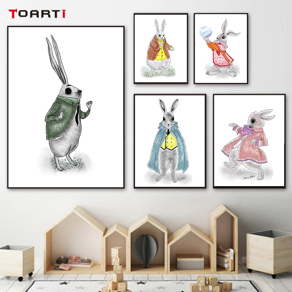 Trendy Rabbit Fashion Show Wall Picture Colorful Cartoon Canvas Painting Vintage Posters&Prints Nursery Art Kids Room Decoration (1)
