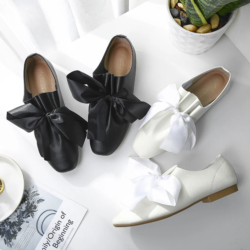 

square toe riband lace up flat shoes woman silk bow espadrilles 42 43 plus size slip on loafers white leather fairy mules y838
