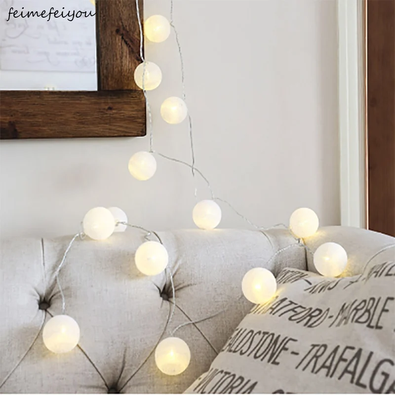 

Feimefeiyou 1M pure white Fabric Cotton Ball String luminaria Fairy Thailand led light Christmas Wedding Party Home Decoration