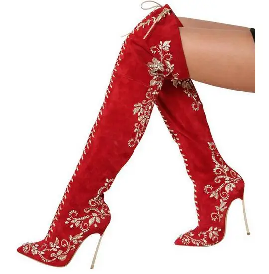 

2019 Winter Red Green Suede Pointed Toe Metal Stiletto Heel Over the Knee Boots Lace Up Embroidery Rhinestone Thigh High Boots