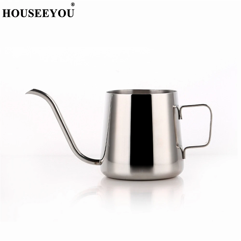 Houseyou 250 мл/350 мл 304 нержавеющая сталь чайник капельного кофе горшок с длинным носиком покрытие чайник чашка для дома Кухня Бар чай инструменты - Цвет: 350ml Silver