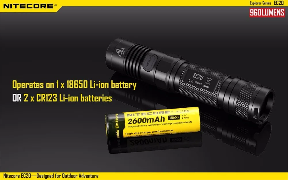 Фонарик NITECORE EC20 CREE XM-L2 U2 светодиодный Макс. 960 люмен расстояние луча 222 м Факел + 18650 3500 мАч батарея + новое зарядное устройство I2