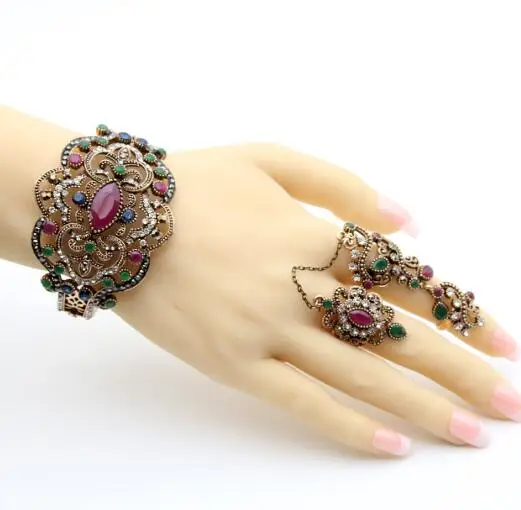 Ethnic Resin Antique Gold Color Jewelry Sets Flower Double Finger Rings Bangle Bracelet India Bijoux Wedding Festival Jewelry