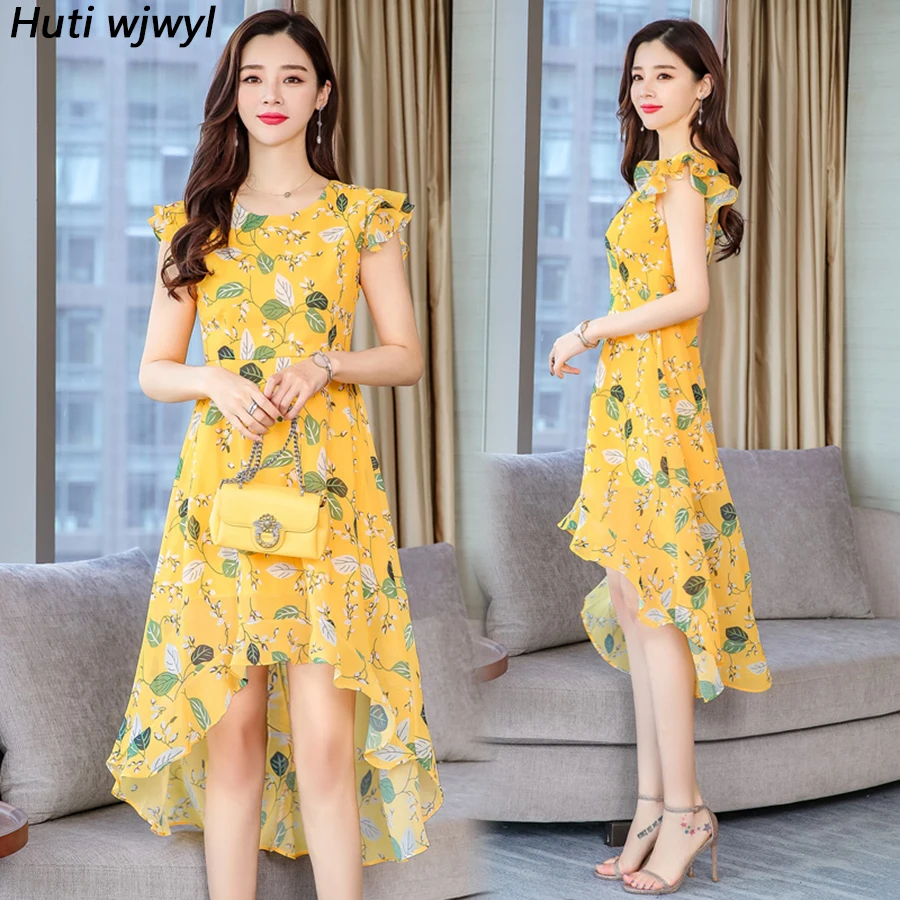 

2019 Vintage 3XL Plus Size Yellow Print Beach Dress Summer Floral Chiffon Boho Midi Sundress Women Bodycon Elegant Party Vestido