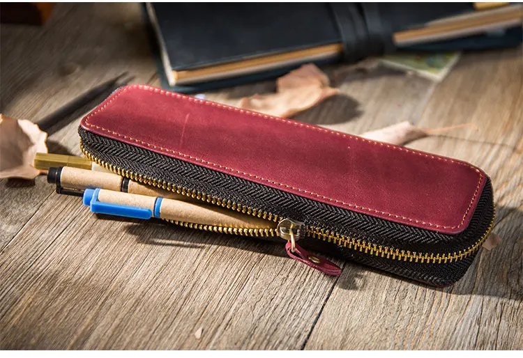 Camada de Couro Couro com Zíper tipo Simples Saco do Estilo Caixa de Lápis Saco dos Artigos de Papelaria Papelaria para Caneta Primeira Genuíno Caneta Retro para Caneta Tinteiro 22 papelaria saco para caneta fonte