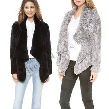 

ETHEL ANDERSON Womens Real Rabbit Fur Coat Lady Knitted Irregular Collar Pretty Jacket Casual Cardigan Pockets Overcoat Present