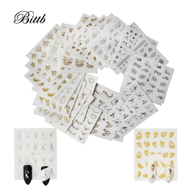 

Bittb 30 Pcs/Pack Gold Silver 3D Nail Sticker Mixed Design Metallic Nail Art Decorations Stickers Manicure Tips Nails DIY Decal
