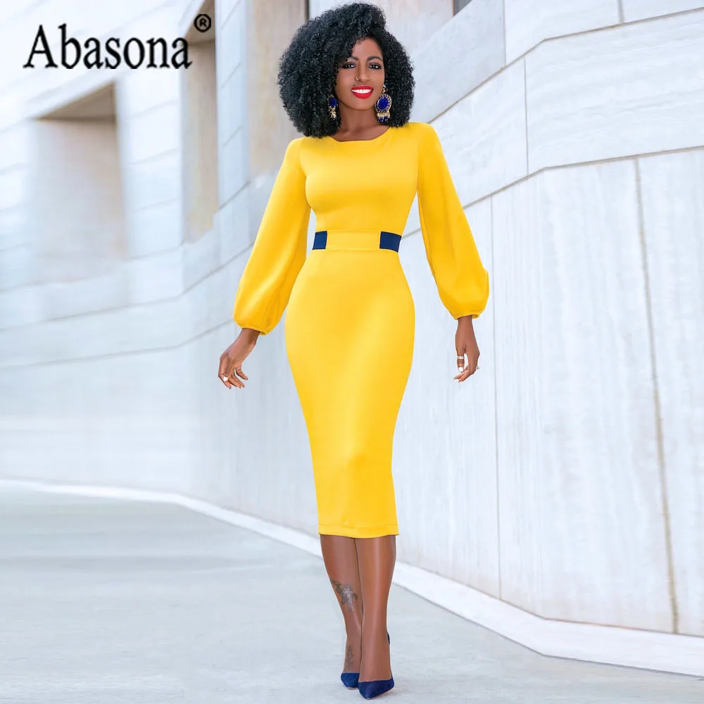 Abasona желтые юбки-карандаш платье Для женщин с длинными рукавами и круглым вырезом Разделение женские тонкий женское платье-миди модный пэчворк элегантные Платья для вечеринок