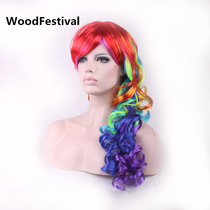 

WoodFestival multicolour women hair mixed color wigs synthetic wigs heat resistant rainbow wig long curly wig 60cm