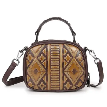

Natural Cowskin Embossed Messenger Shoulder Female Handbag Tote Bags Floral High Quality Genuine Leather Women Top Handle Bag