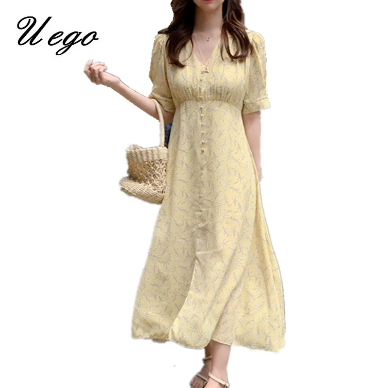 

Uego French Style Gentle Romance Sweet Girl's Prairie Chic Summer Dress Print Floral Chiffon Holiday Beach Casual Women Dress