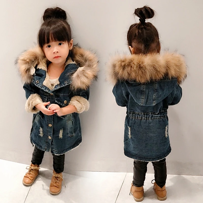 Winter Fleece Denim Jacket New Casual Children s Long Cotton Padded Coat