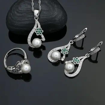 

925 Silver Jewelry Sets For Women Pearl Beads Green Flower White Cubic zirconia Earrings Necklace Pendant Ring Set