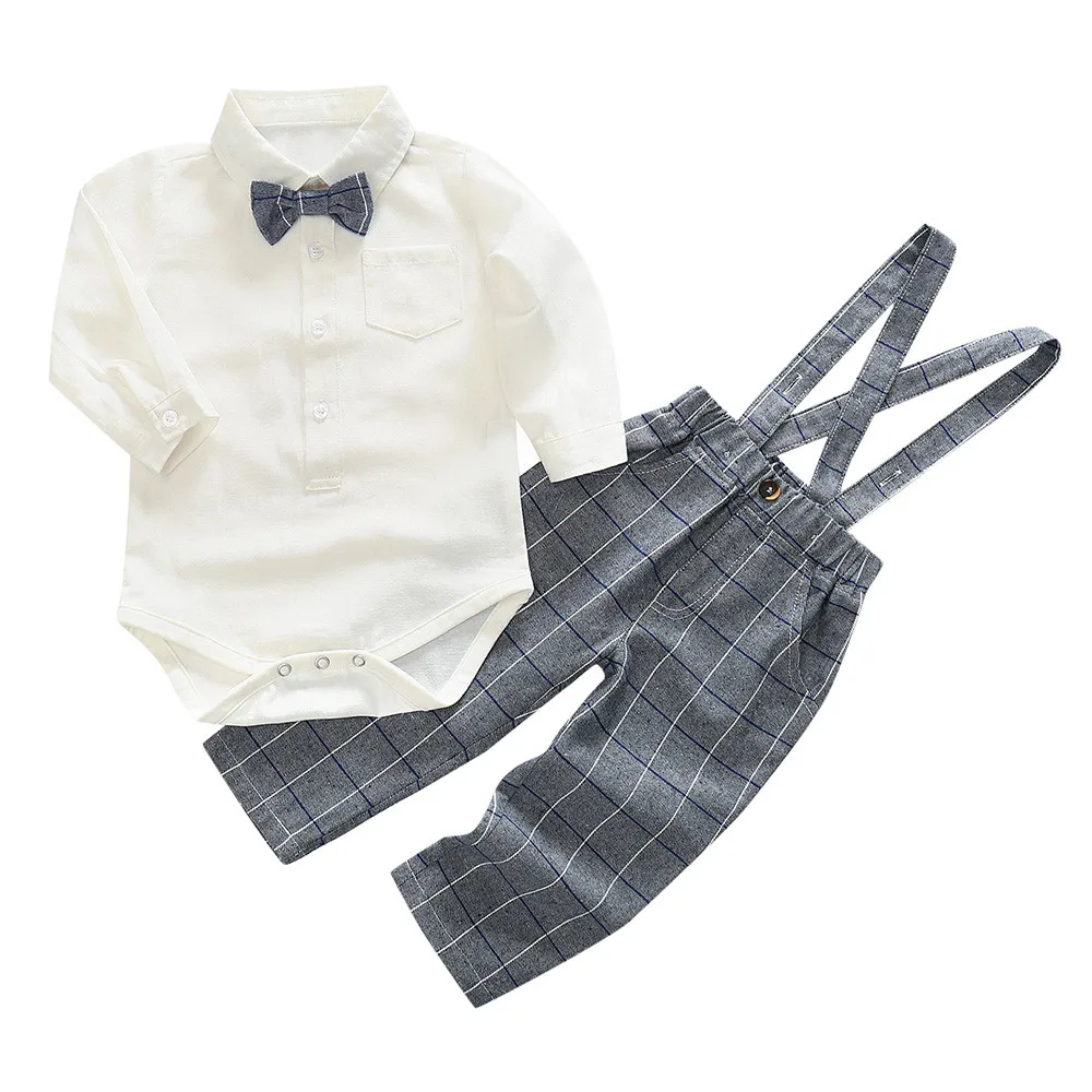 

Boys Clothing Sets New Autumn Fashion Style Infant Baby Boys Gentleman Solid Romper Suspenders Plaid Strap Pants Set Outfits