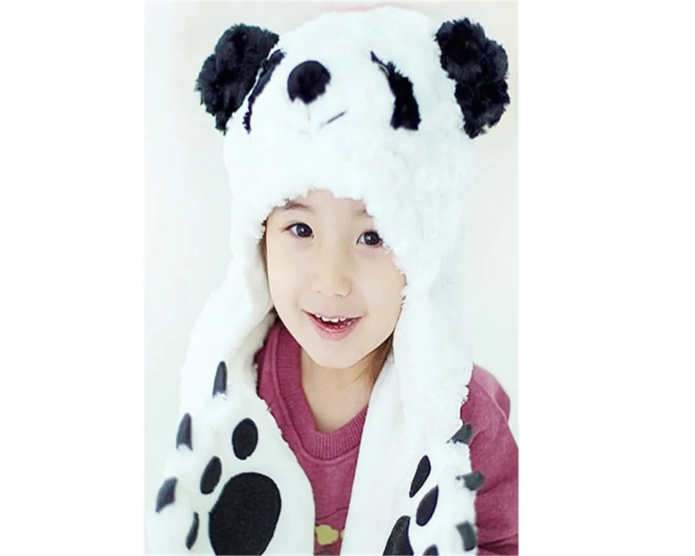 Кепка, супер милая детская теплая плюшевая шапка унисекс в виде животных, уши панды, шапка-ушанка/шарф/перчатки, комбинированная шапка с карманом, все в одном