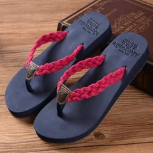 2016 brand Summer woman Handmade cotton woven belt sandals women bling flip flops slides beach slippers 4cm High heels