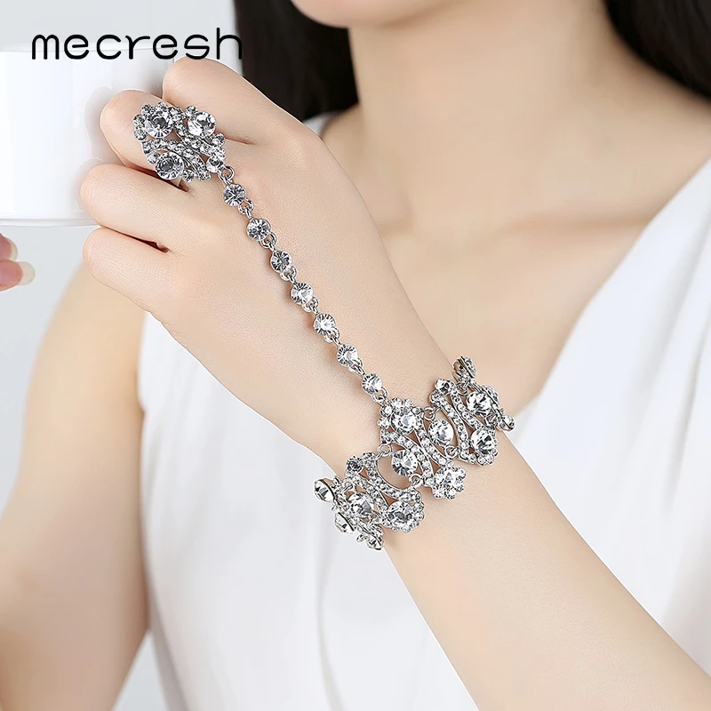

Mecresh Luxurious Geometric Crystal Rhinestone Bridal Bracelets & Bangles Silver Color Wedding Engagement Jewelry MSL297